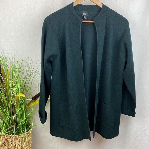Eileen Fisher Wool Green Knit Open Front Long Sleeve Jacket M - Picture 2 of 10